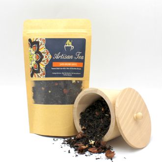 Alt Tag: Dark Chocolate Artisan Tea Blend – 50G bolsa de té negro artesanal con chocolate blanco y oscuro, con almendra crocanti, hojas sueltas
