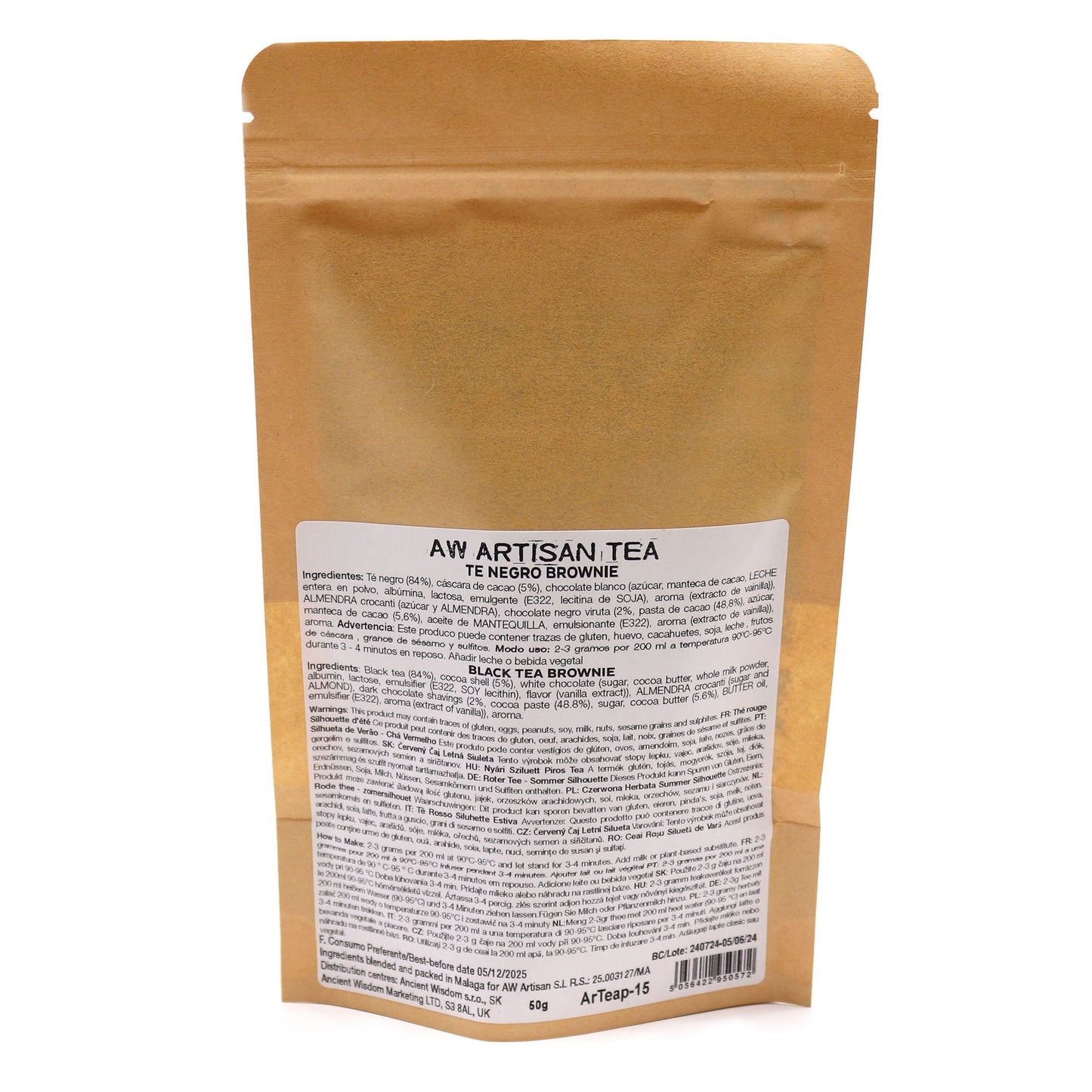 Alt Tag: Dark Chocolate Artisan Tea Blend – 50G in resealable kraft pouch, artisan black tea with dark and white chocolate and almond crocanti