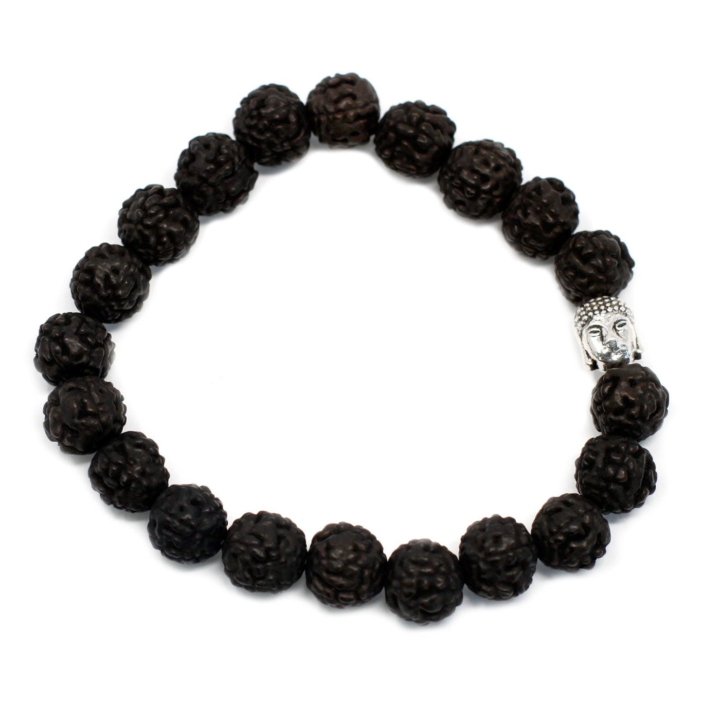 Mörkt Rudraksha Buddha Bangle Mala – 7x2 CM mala-armband med mörka rudraksha-pärlor och Buddha-berlock i silverton