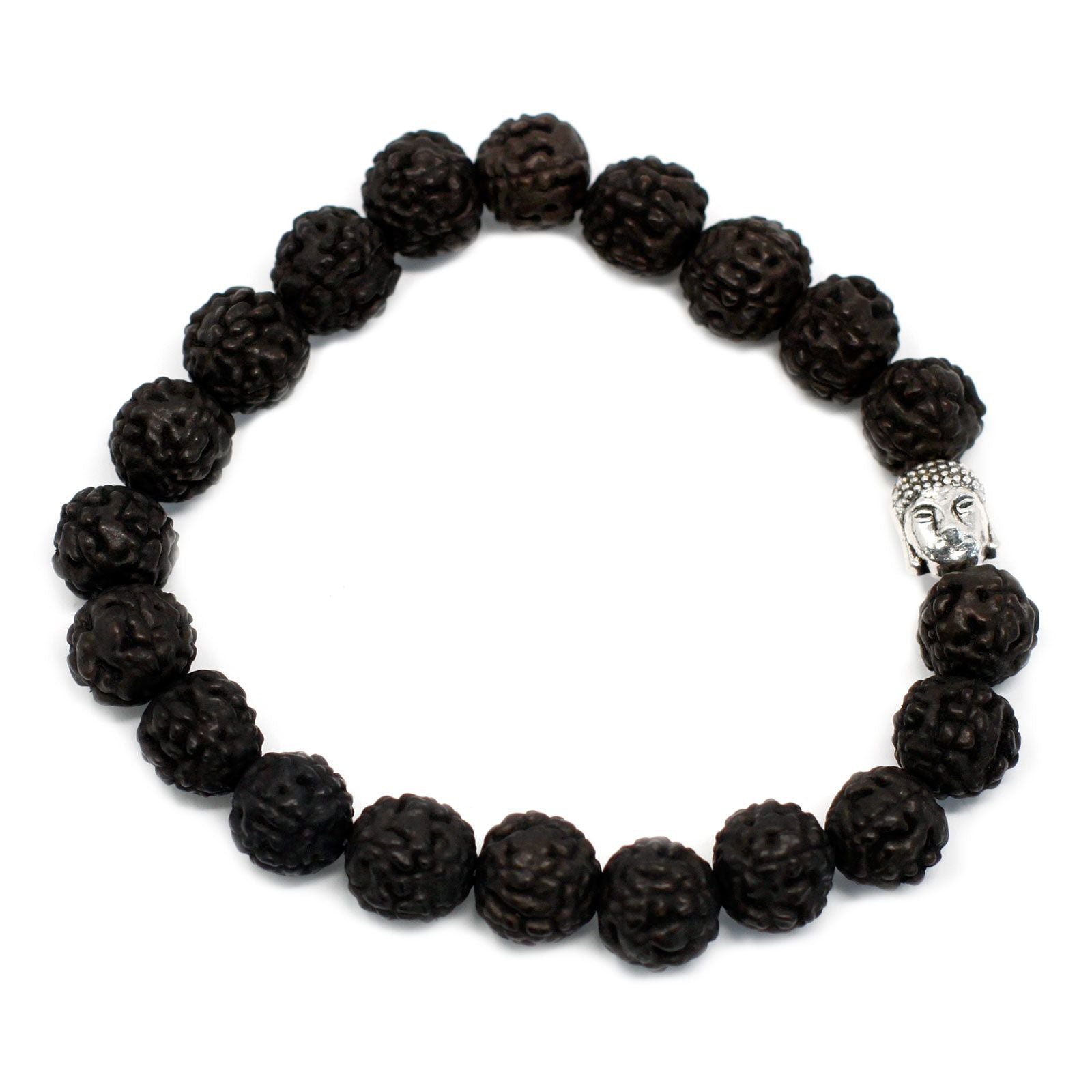 Mörkt Rudraksha Buddha Bangle Mala – 7x2 CM mala-armband med mörka rudraksha-pärlor och Buddha-berlock i silverton