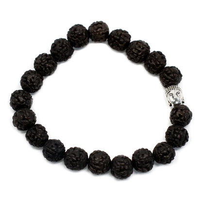 Mörkt Rudraksha Buddha Bangle Mala – 7x2 CM mala-armband med mörka rudraksha-pärlor och Buddha-berlock i silverton