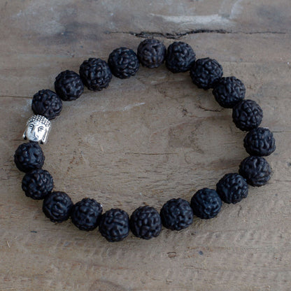 Alt Tag: Mörk Rudraksha Buddha Bangle Mala – 7x2 CM, mörkt rudraksha mala-armband med pärlor och Buddha-huvudberlock