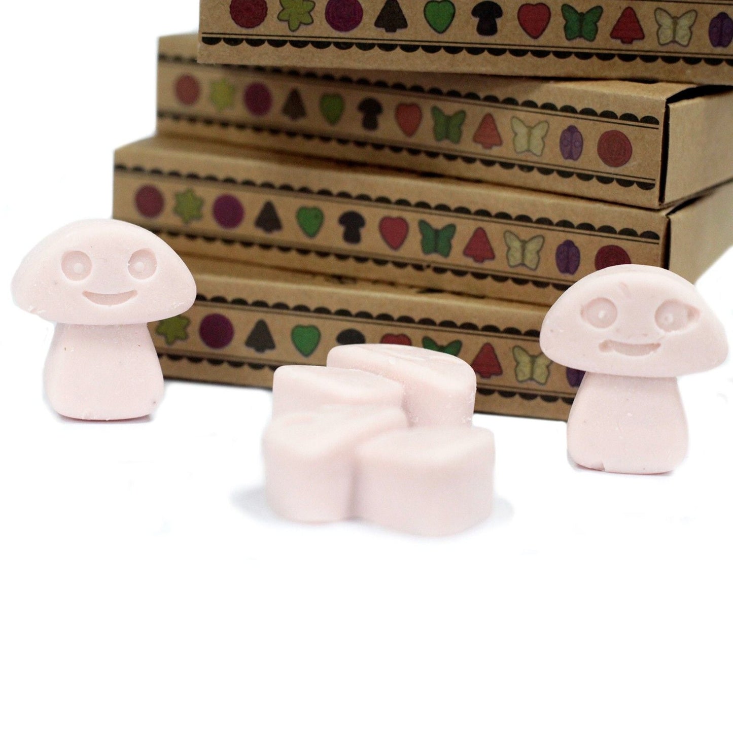 Alt Tag: Set de regalo de wax melts Dark Sandalwood – Pack de 6 con wax melts en forma de seta y cajas de regalo apiladas