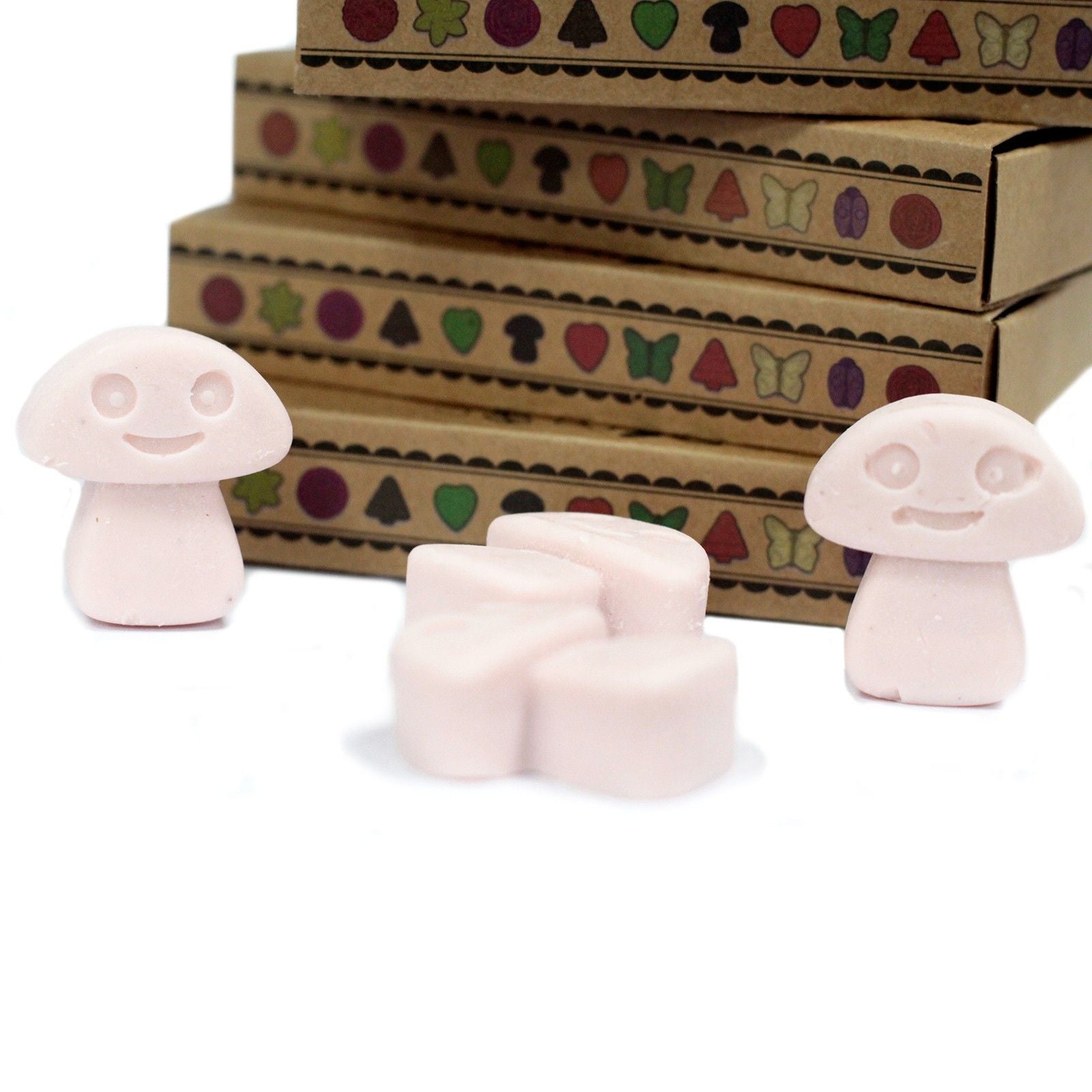 Alt Tag: Set de regalo de wax melts Dark Sandalwood – Pack de 6 con wax melts en forma de seta y cajas de regalo apiladas