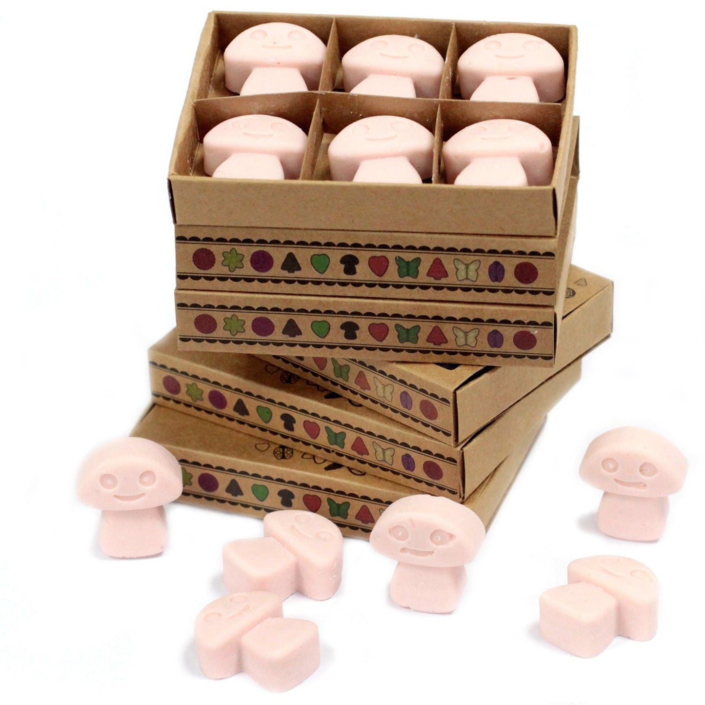Alt Tag: Set de regalo de wax melts de sándalo oscuro – pack de 6 en cajas de regalo, cera rosa con formas decorativas