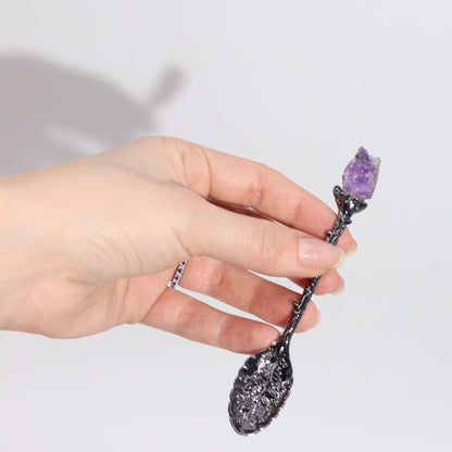 Dark Silver Gemstone Witch Spoons – Set of 7, close-up of dark silver zinc alloy spoon with purple amethyst gemstone handle