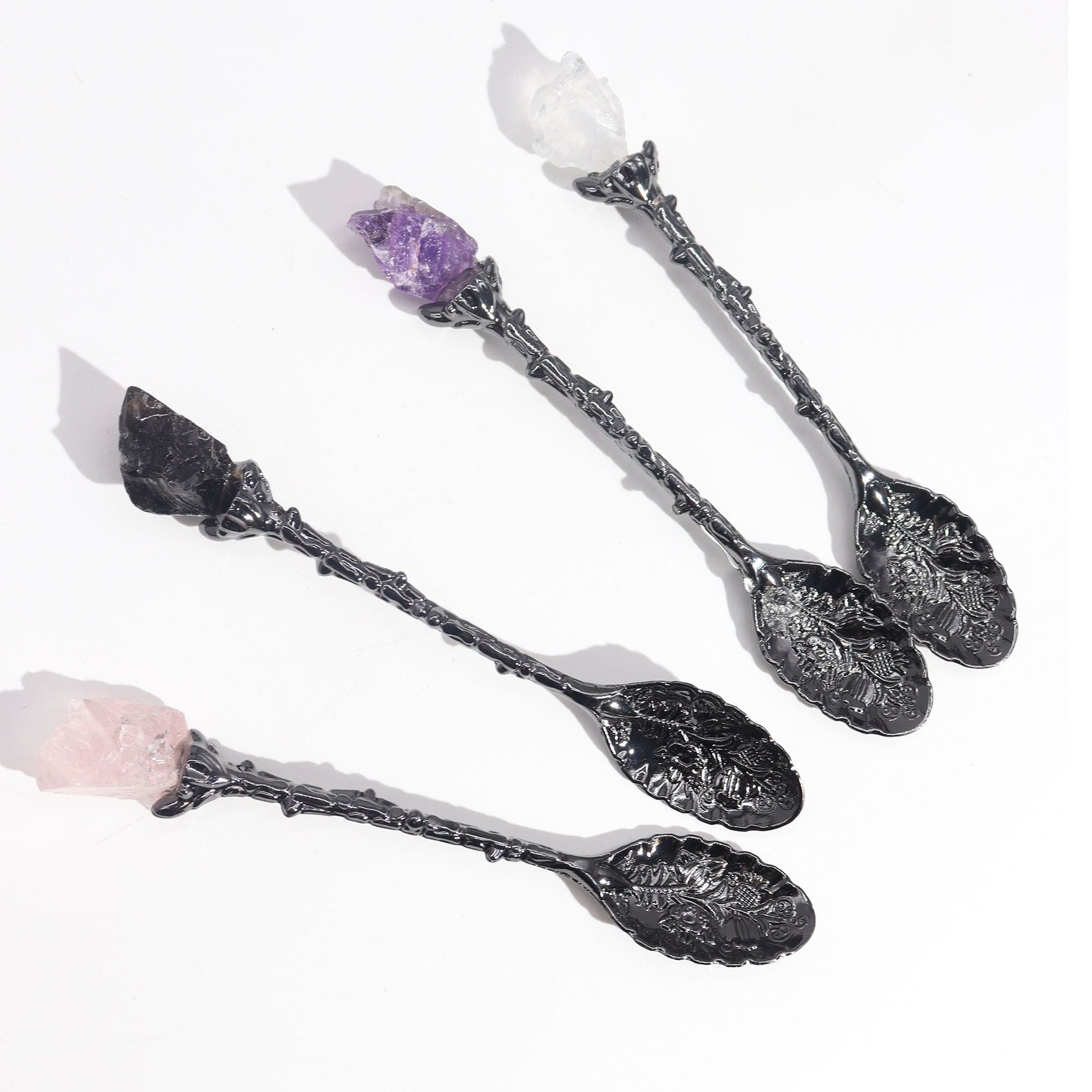 Dark Silver Gemstone Witch Spoons – Set of 7, dark silver zinc alloy spoons with assorted gemstone handles, flat lay
