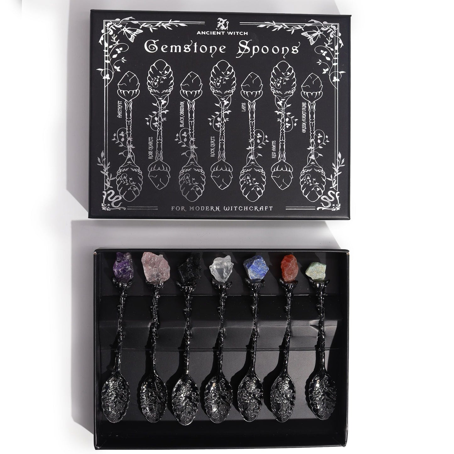 Alt Tag: Dark Silver Gemstone Witch Spoons – Set of 7 in gift box, zinc alloy spoons with assorted gemstone tops