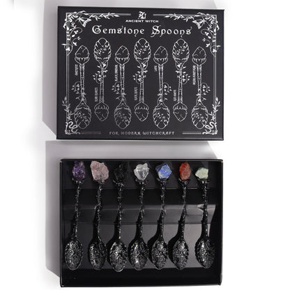 Alt Tag: Dark Silver Gemstone Witch Spoons – Set of 7 in gift box, zinc alloy spoons with assorted gemstone tops