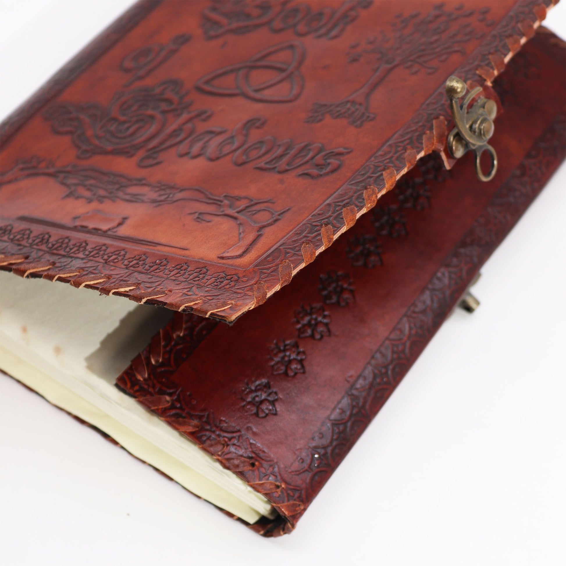 Alt Tag: Dark Tan Leather Book of Shadows – 25x18x3 CM genuine leather journal with embossed cover, clasp closure, and deckle-edge pages