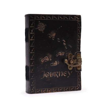Alt Tag: Dark Tan Leather Journal – 13x18 CM vintage leather notebook with clasp closure and "Journey" cover design