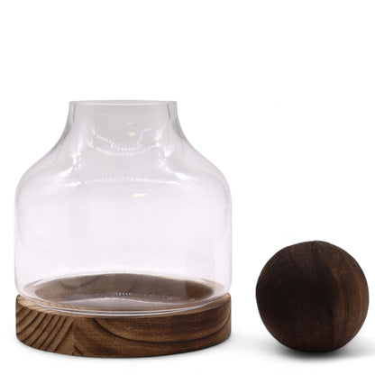Dark Tung Wood Sphere Terrarium – 17x22 CM, clear glass dome terrarium with dark tung wood base and matching wood sphere lid