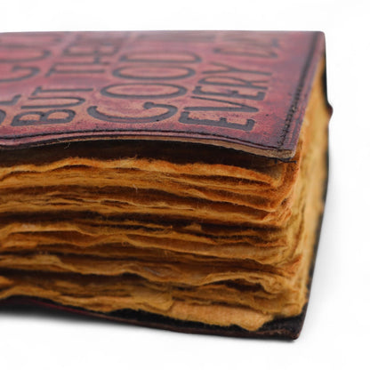 Deckled Edge Leather Notebook – 13x10 CM, close-up of leather cover and thick deckled-edge paper pages
