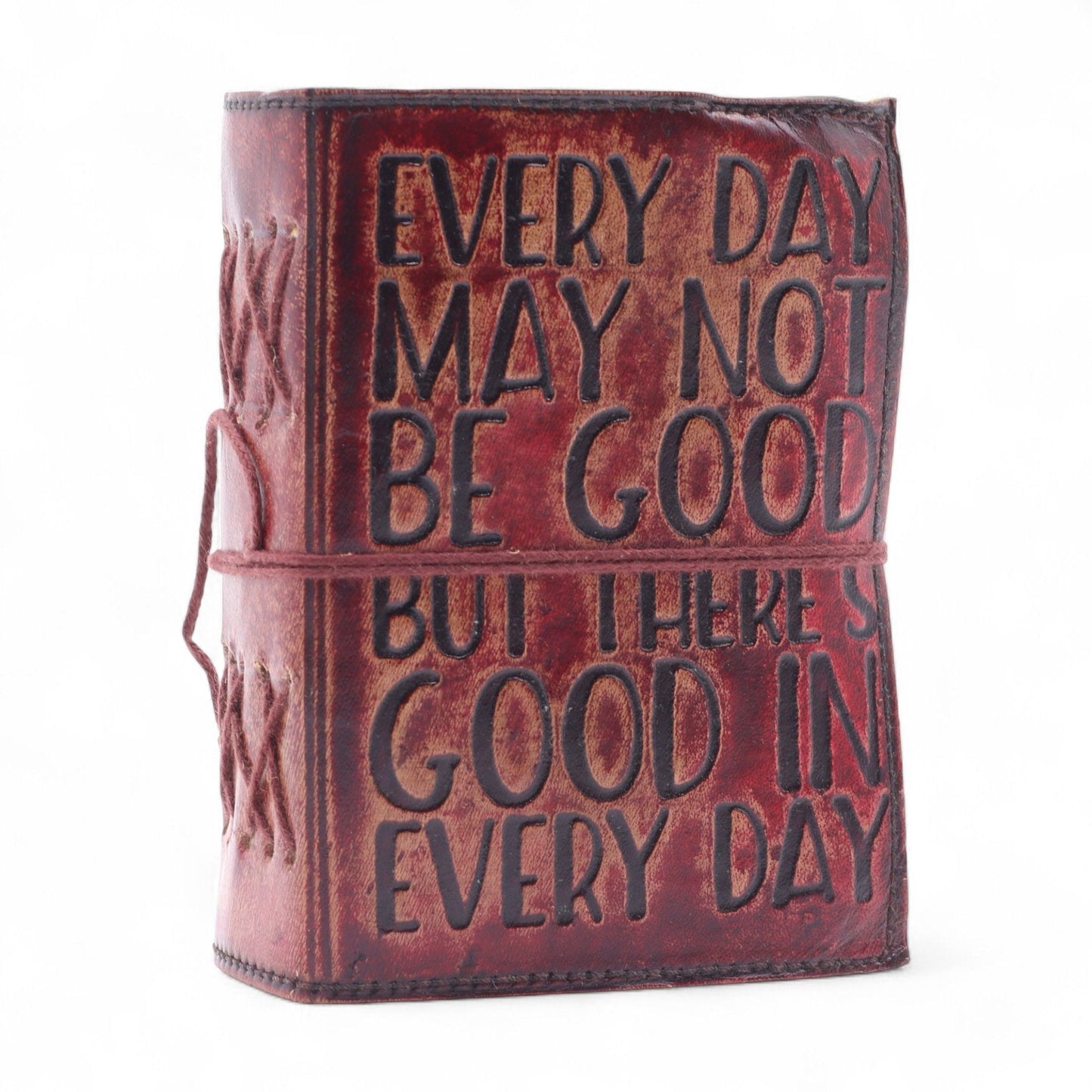 Alt Tag: Deckled Edge Leather Notebook – 13x10 CM brown leather journal with tie closure and embossed quote on cover