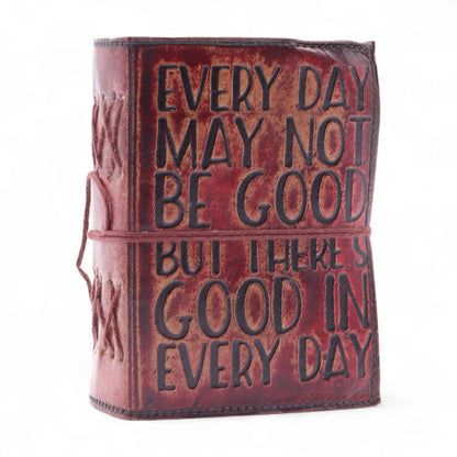 Alt Tag: Deckled Edge Leather Notebook – 13x10 CM brown leather journal with tie closure and embossed quote on cover