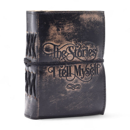 Alt Tag: Deckled Edge Leather Notebook – 9x13 CM - The Stories I Tell Myself black leather cover with embossed title and deckled pages