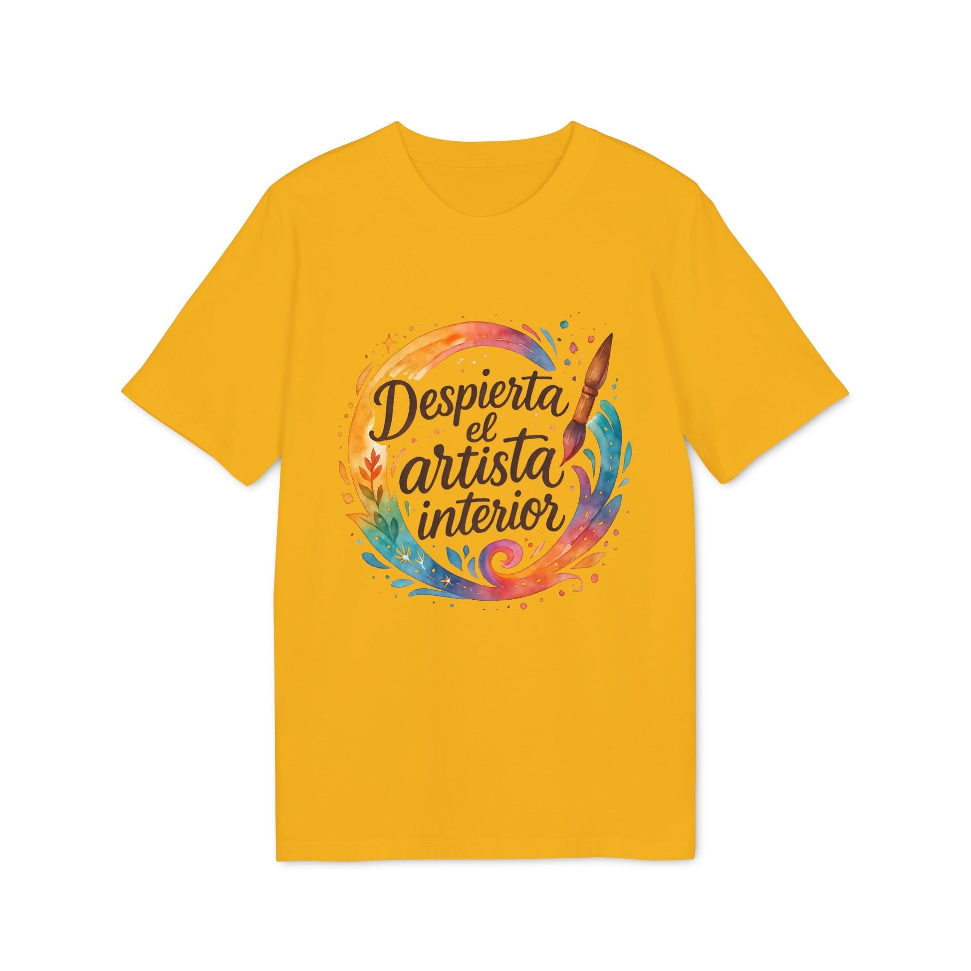 Alt Tag: Despierta el Artista Interior Organica Waldorf 100% Organic Cotton T-Shirt camiseta amarilla con diseño circular acuarela y texto “Despierta”