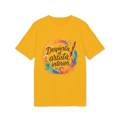 Alt Tag: Despierta el Artista Interior Organica Waldorf 100% Organic Cotton T-Shirt camiseta amarilla con diseño circular acuarela y texto “Despierta”
