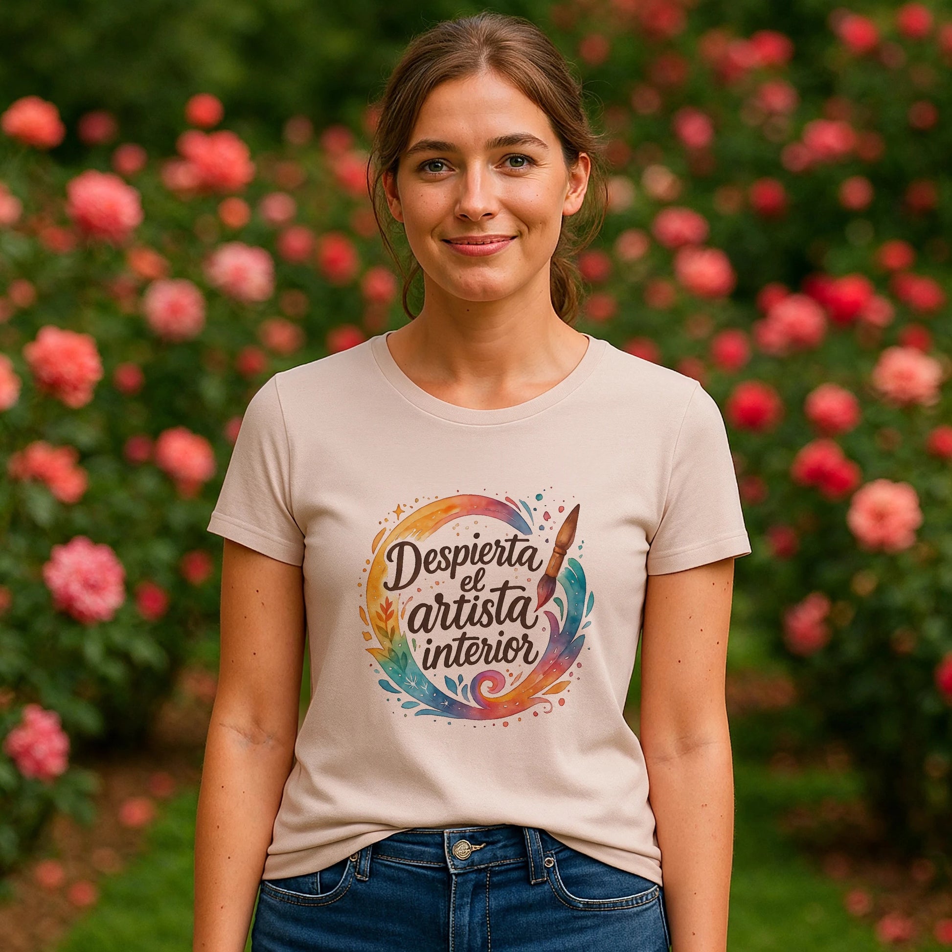 Despierta el Artista Interior Organica Waldorf 100% Organic Cotton T-Shirt con diseño “Despierta el artista interior” en modelo, fondo floral