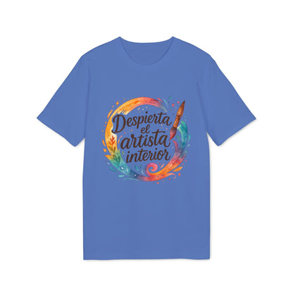 Despierta el Artista Interior Organica Waldorf 100% Organic Cotton T-Shirt azul con diseño circular acuarela y texto "Despierta el artista interior"