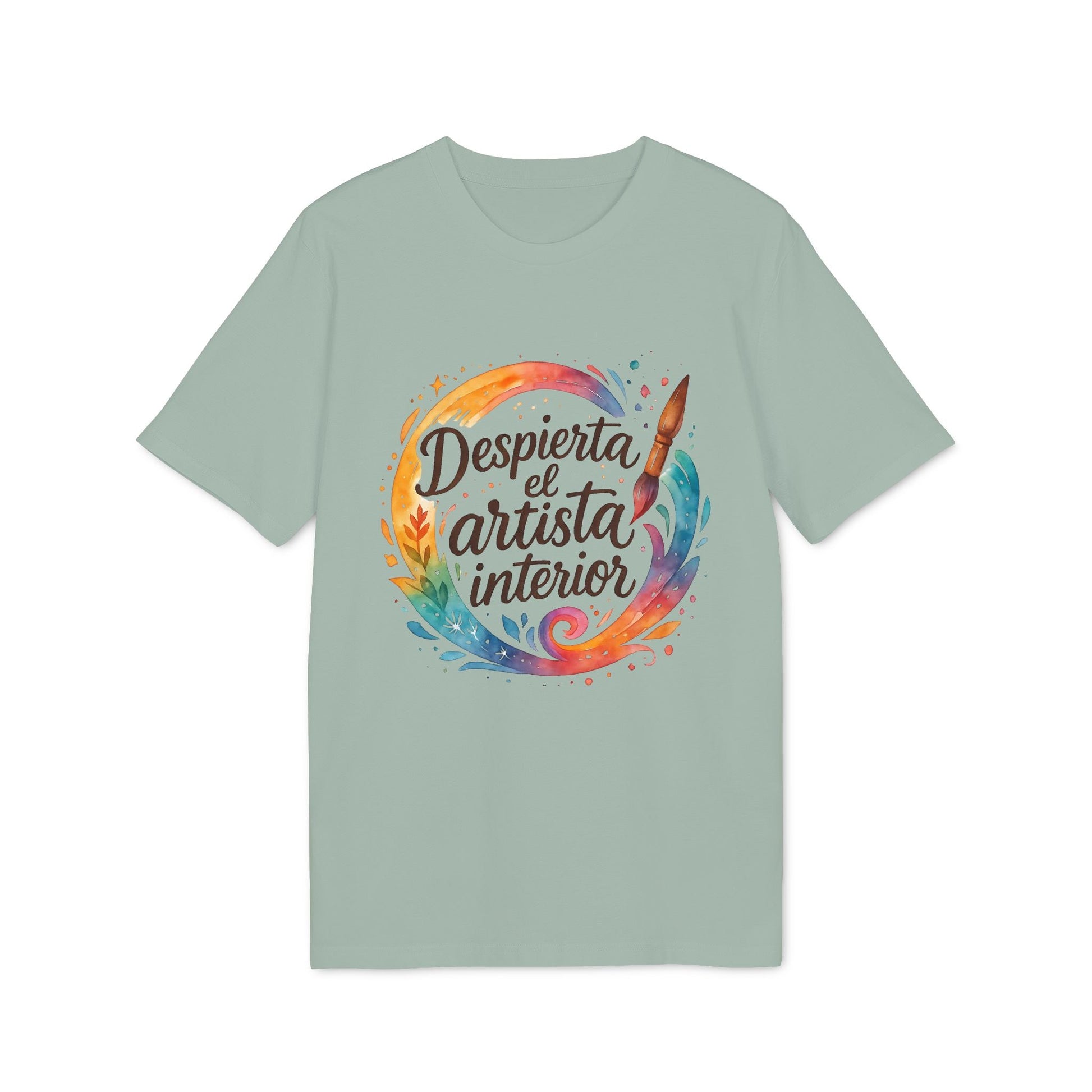 Despierta el Artista Interior Organica Waldorf 100% Organic Cotton T-Shirt con diseño circular acuarela y pincel, camiseta verde salvia