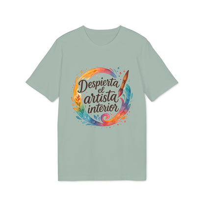 Despierta el Artista Interior Organica Waldorf 100% Organic Cotton T-Shirt con diseño circular acuarela y pincel, camiseta verde salvia