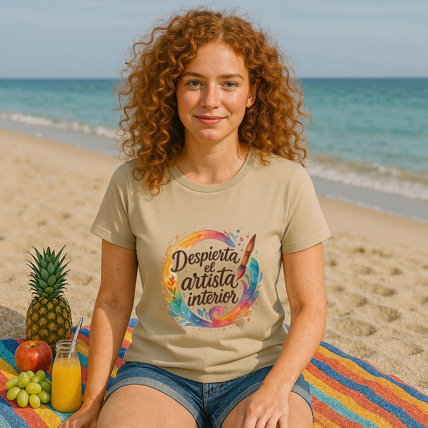 Despierta el Artista Interior Organica Waldorf 100% Organic Cotton T-Shirt en modelo sentada en la playa, camiseta beige con diseño artístico