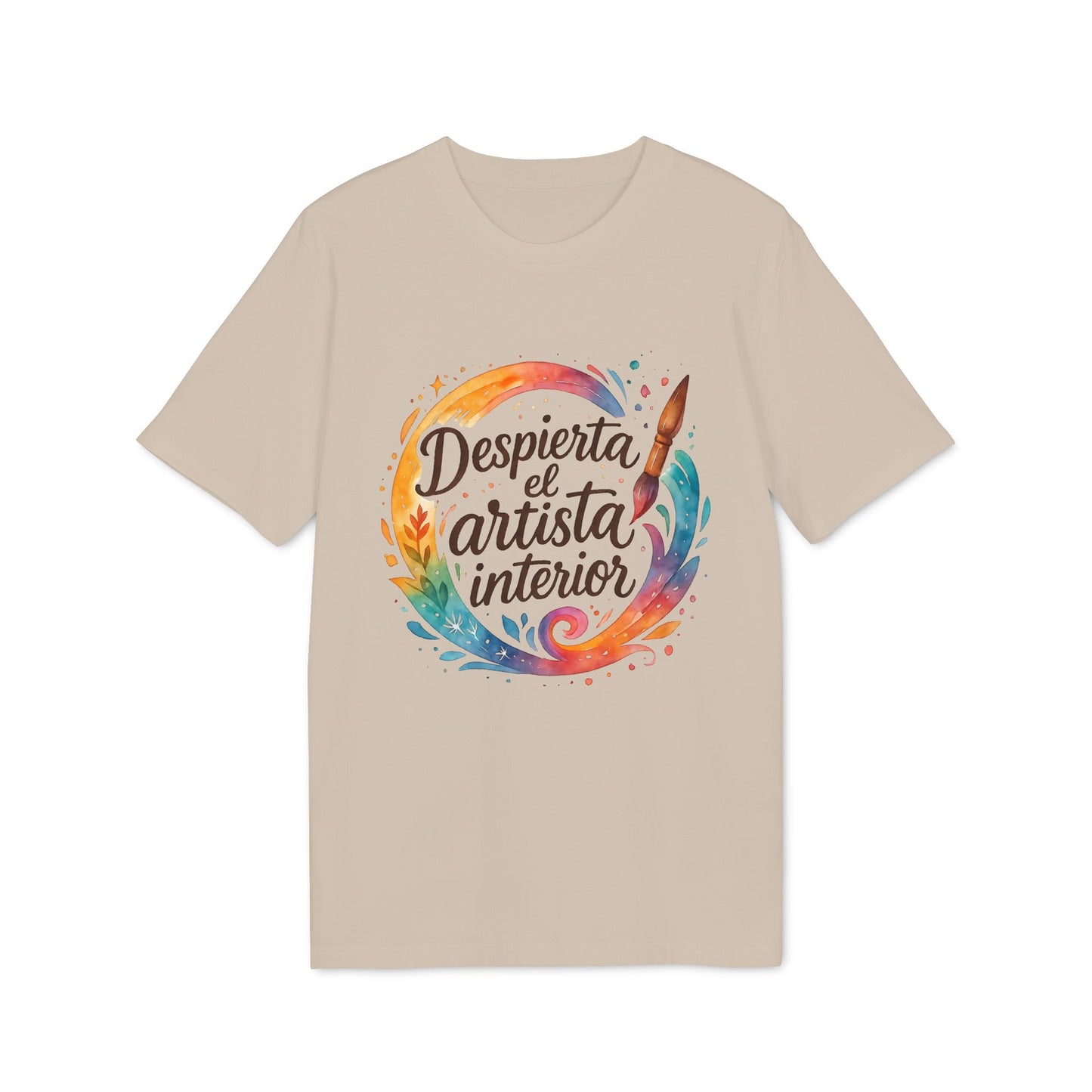 Despierta el Artista Interior Organica Waldorf 100% Organic Cotton T-Shirt camiseta beige con diseño acuarela circular y pincel "Despierta el artista interior"