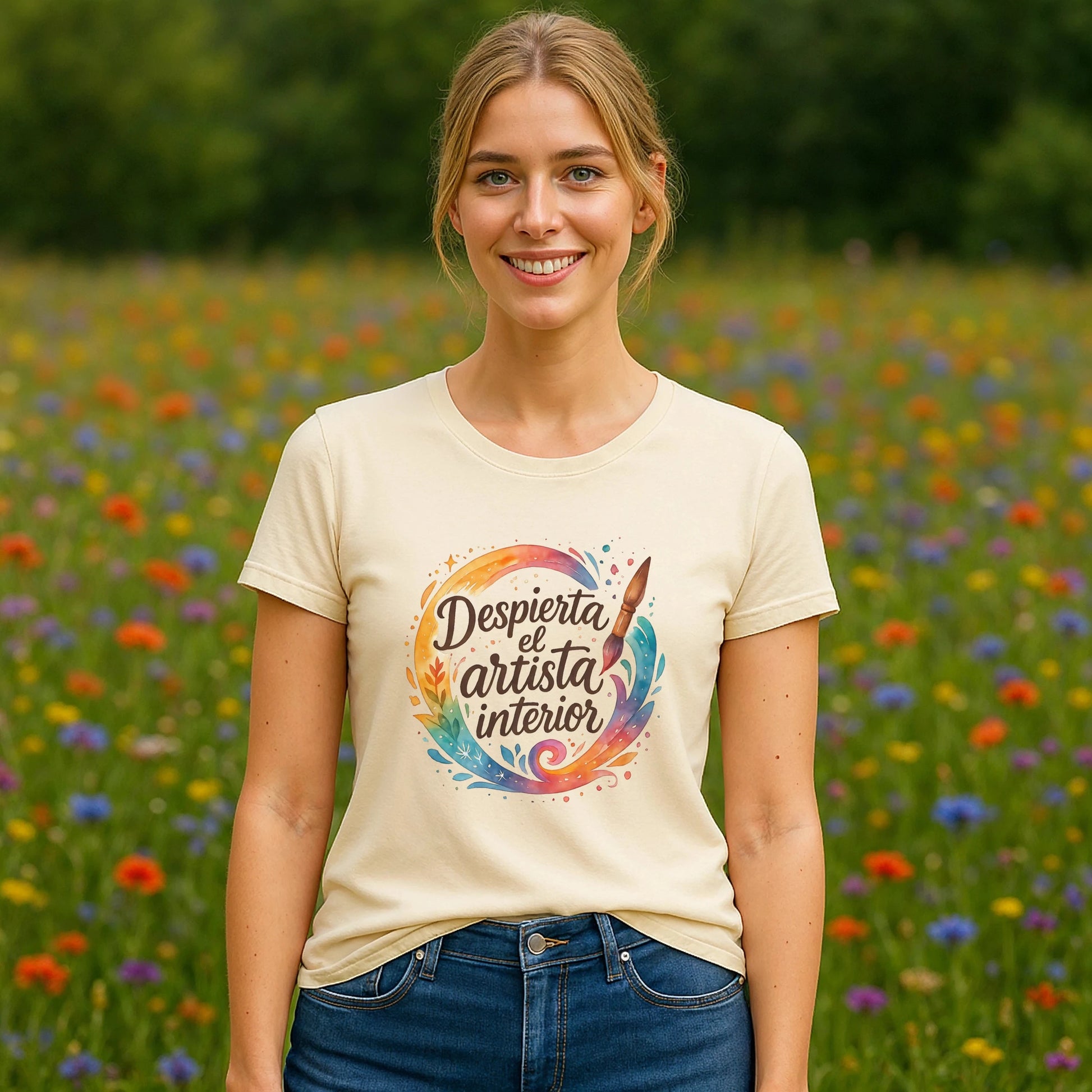 Despierta el Artista Interior Organica Waldorf 100% Organic Cotton T-Shirt en modelo, camiseta crema con diseño artístico en campo de flores