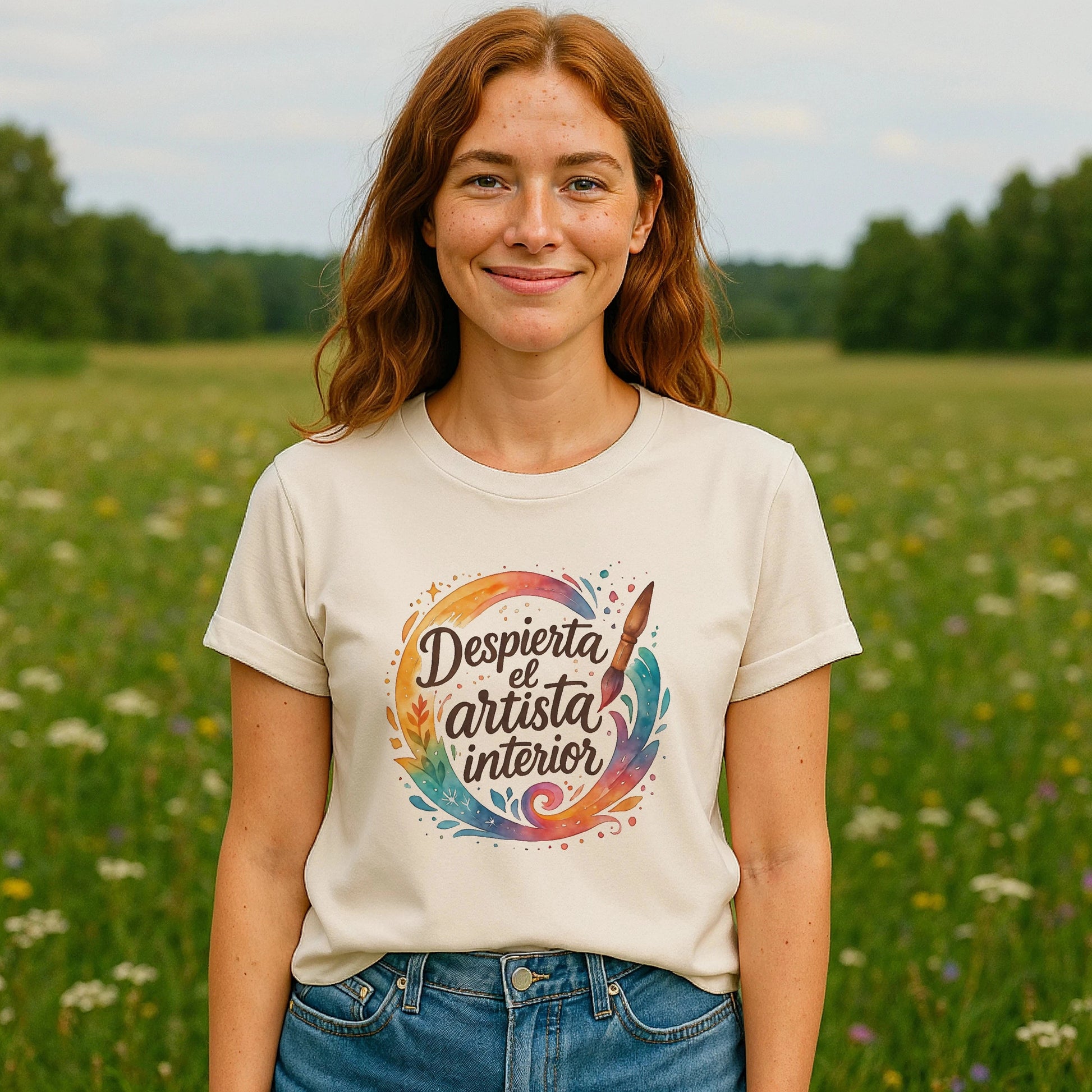 Alt Tag: Despierta el Artista Interior Organica Waldorf 100% Organic Cotton T-Shirt beige con diseño “Despierta el artista interior” en modelo al aire libre