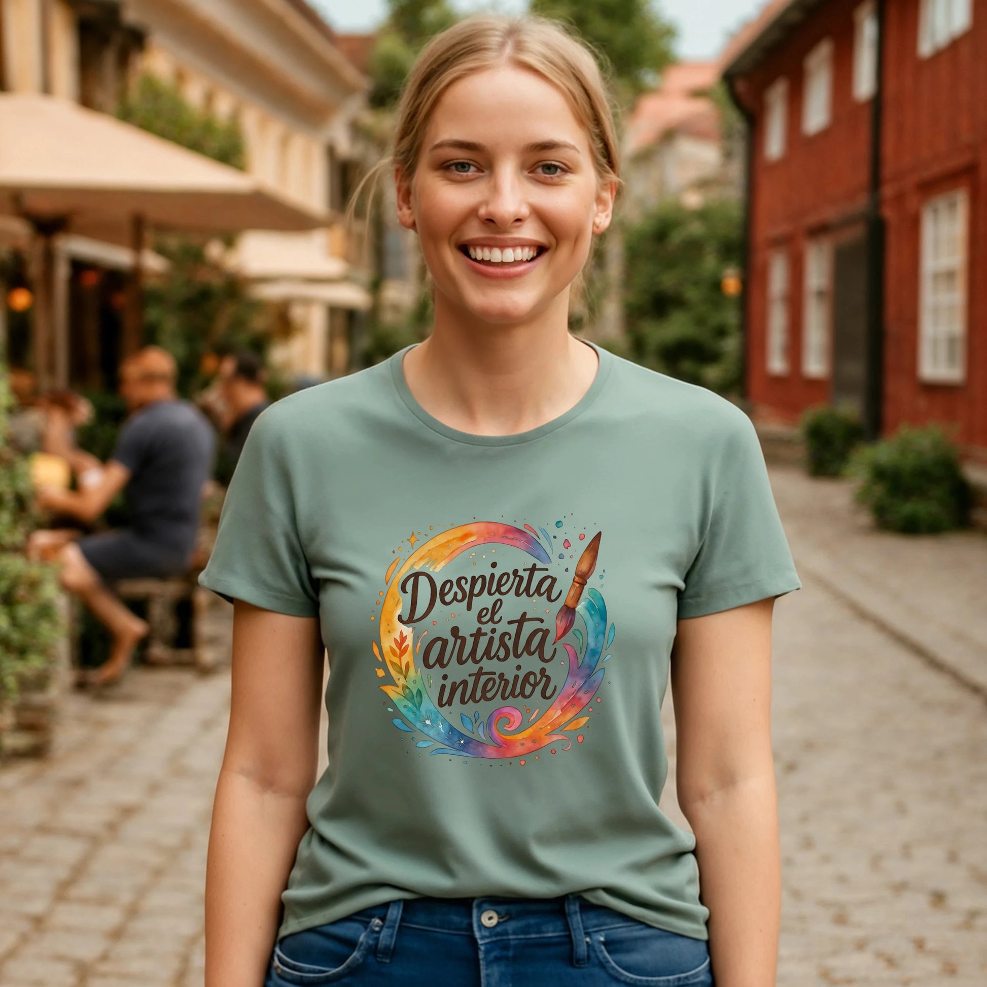 Despierta el Artista Interior Organica Waldorf 100% Organic Cotton T-Shirt con diseño artístico multicolor en modelo, camiseta verde salvia
