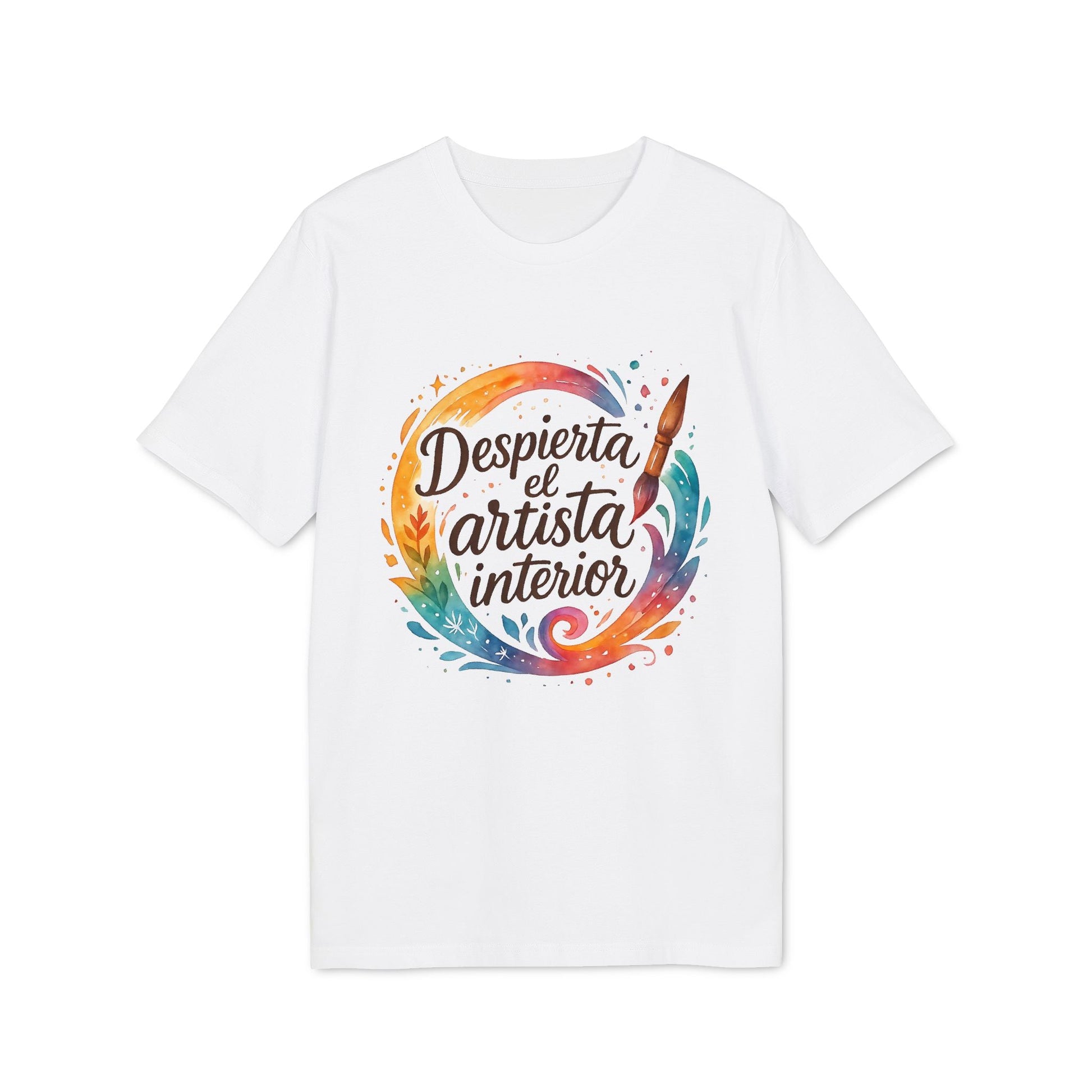 Despierta el Artista Interior Organica Waldorf 100% Organic Cotton T-Shirt blanca con diseño acuarela circular y pincel, texto "Despierta el artista interior"