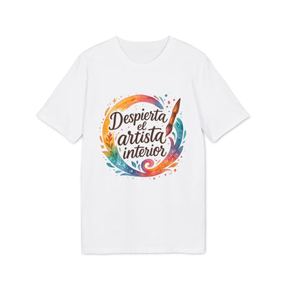 Despierta el Artista Interior Organica Waldorf 100% Organic Cotton T-Shirt blanca con diseño acuarela circular y pincel, texto "Despierta el artista interior"