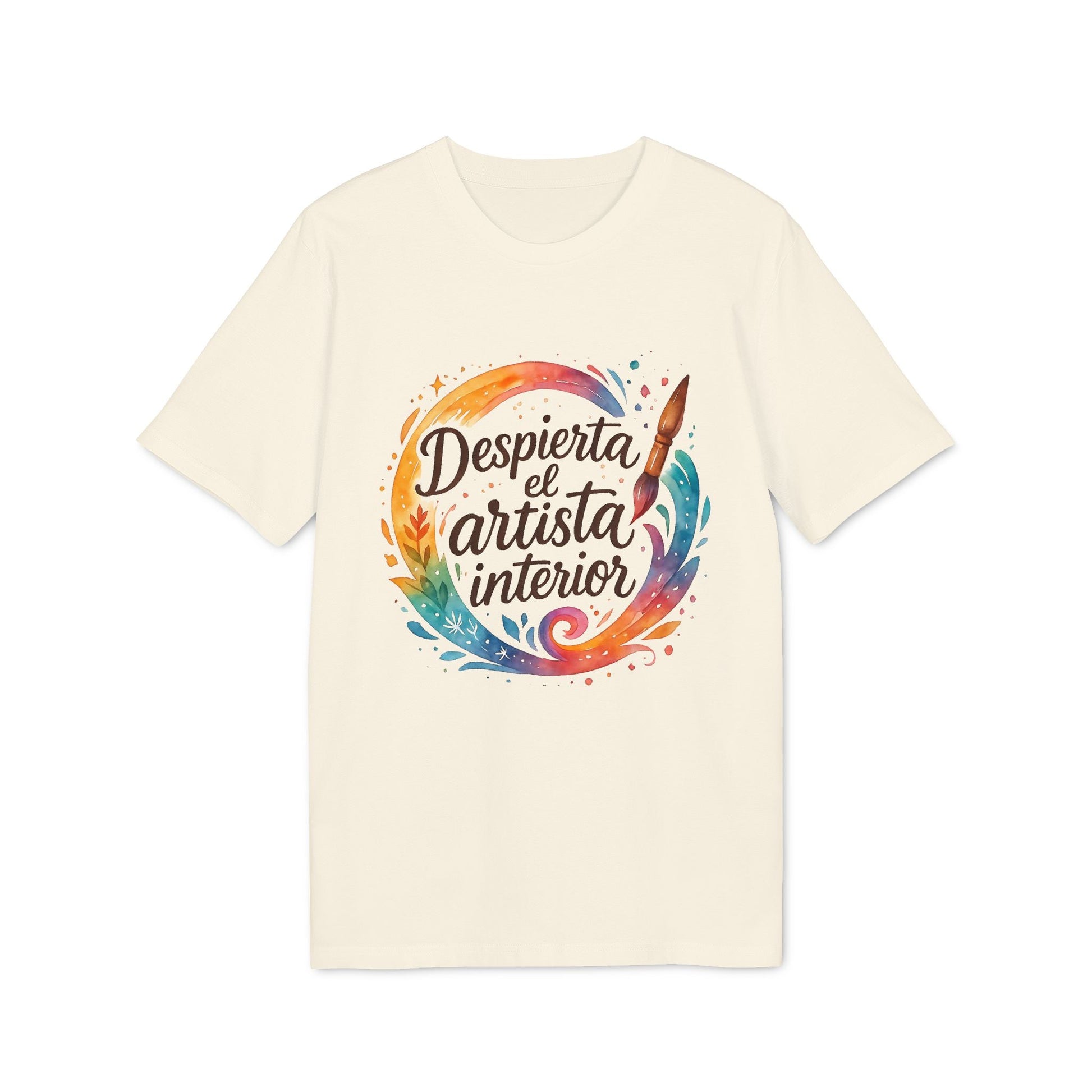 Despierta el Artista Interior Organica Waldorf 100% Organic Cotton T-Shirt con diseño acuarela circular y pincel, camiseta color crema