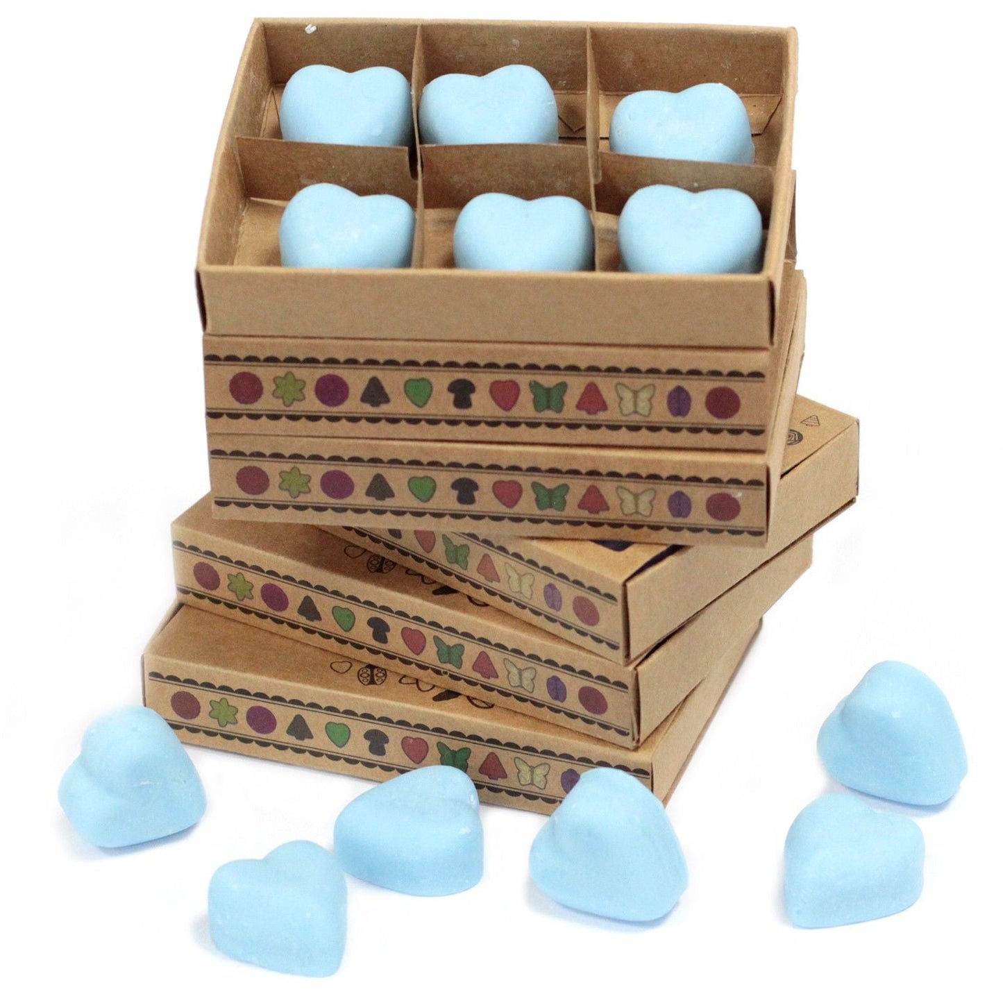 Alt Tag: Dewberry Luxury Wax Melts Gift Set – 6 Pieces, heart-shaped blue wax melts in gift boxes, soy and palm wax blend