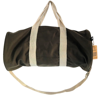 Alt Tag: Don’t Quit 100% Cotton Gym Bag – Olive, olive green cotton duffel bag with long beige handles and adjustable shoulder strap