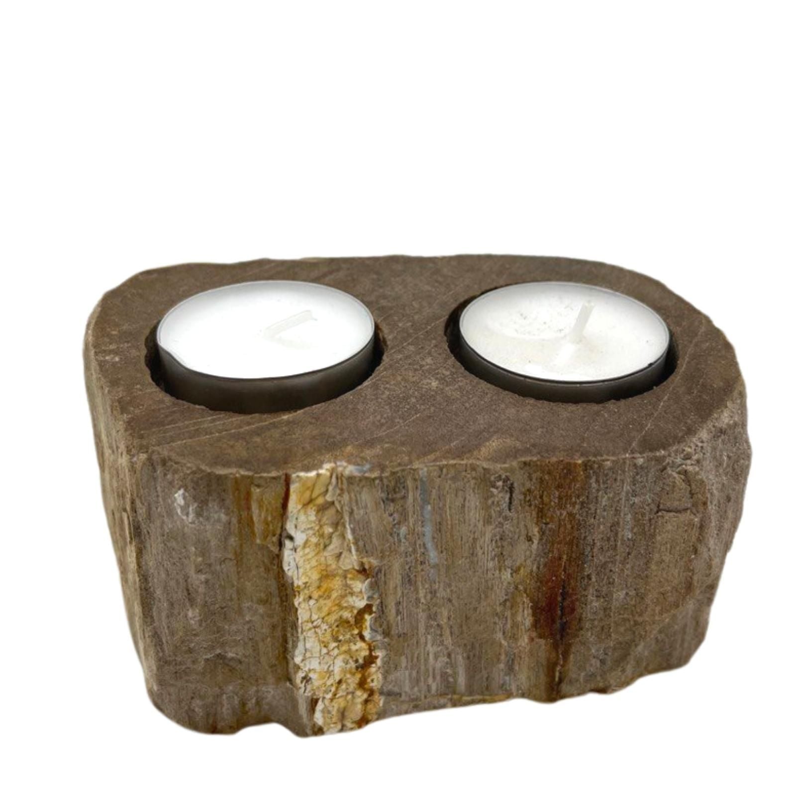 Double Petrified Wood Candle Holder – Natural Stone with two tea light candles, rustic petrified wood stone decor