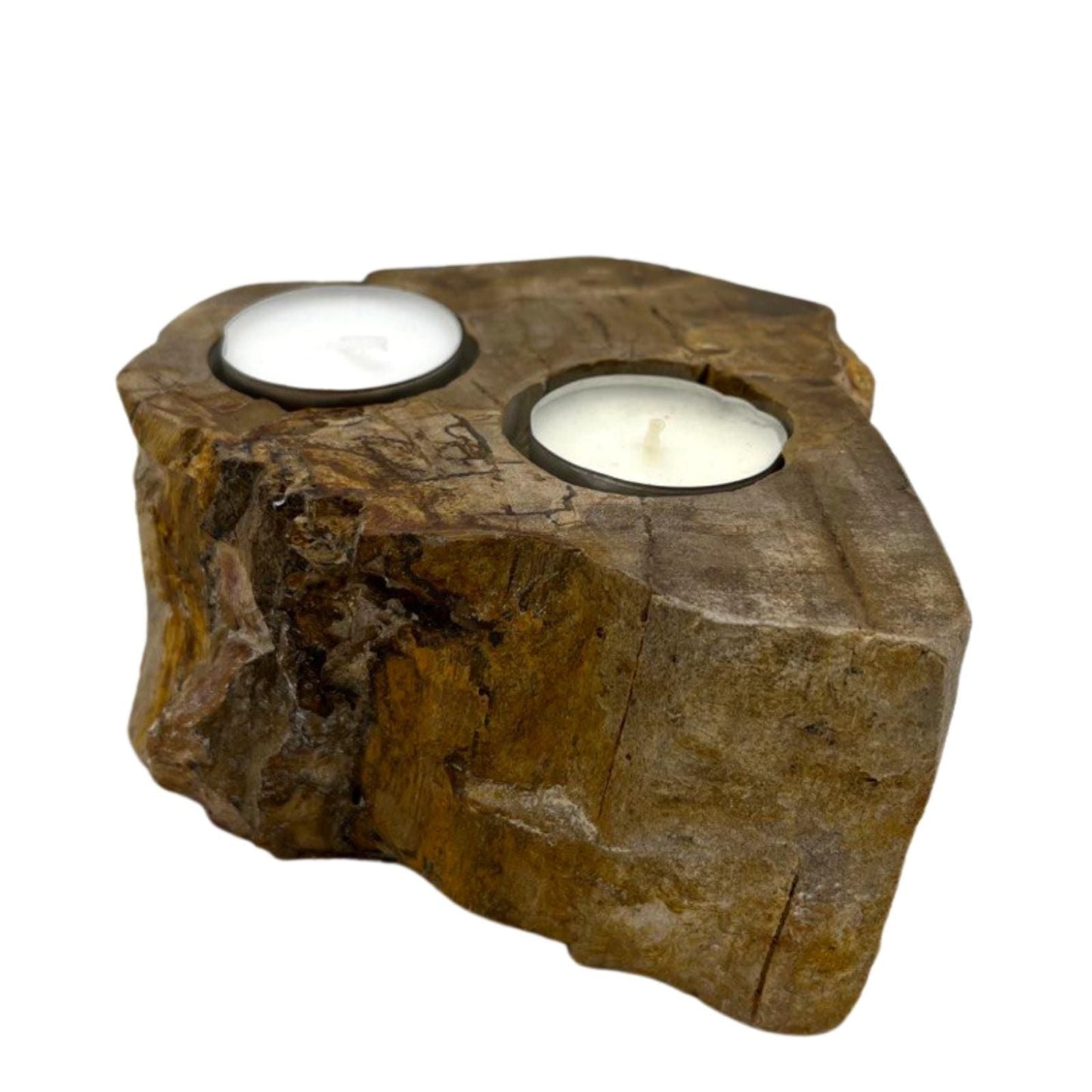 Double Petrified Wood Candle Holder – Natural Stone with two tealight candles, rustic petrified wood block decor