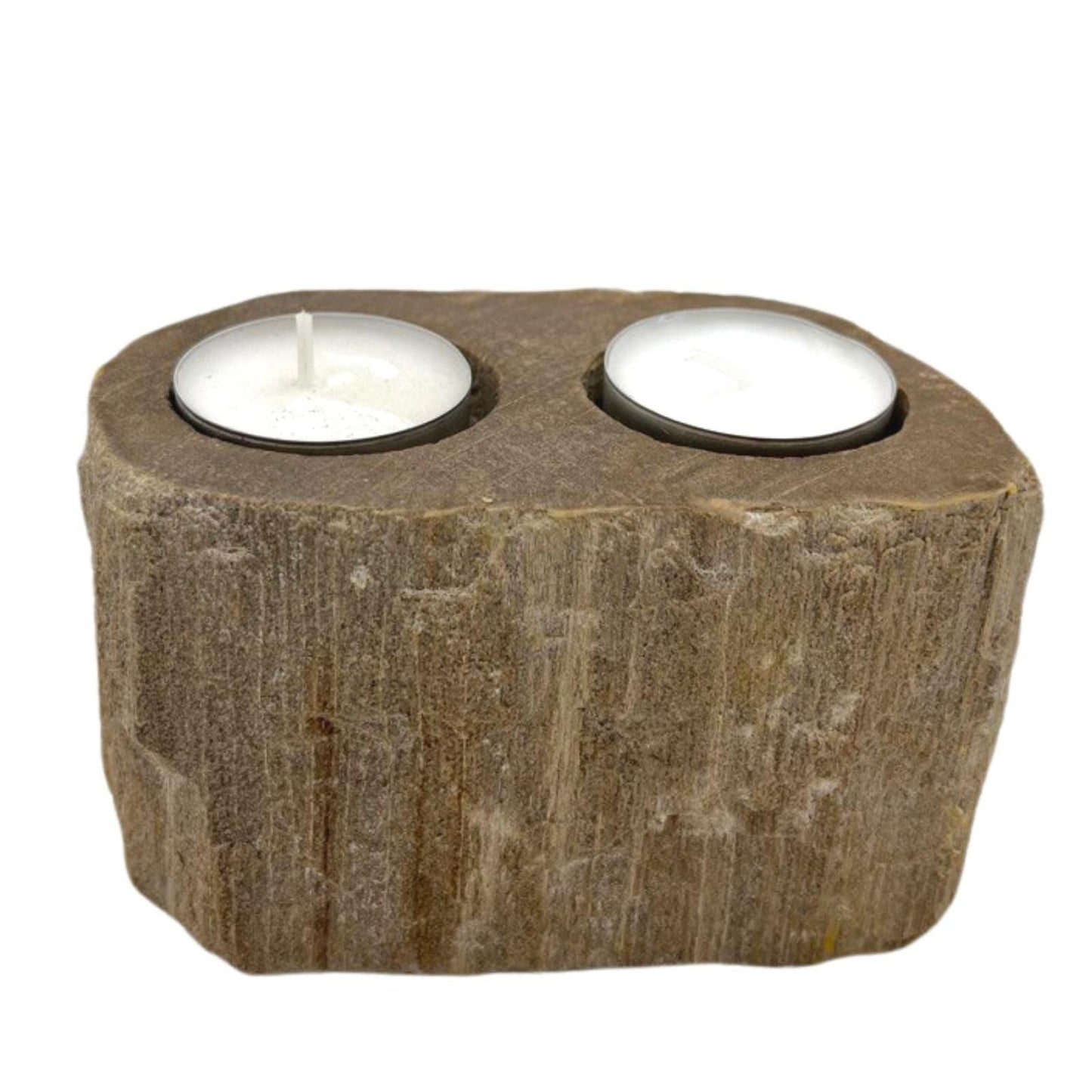 Alt Tag: Double Petrified Wood Candle Holder – Natural Stone with two tealight candles, raw petrified wood texture
