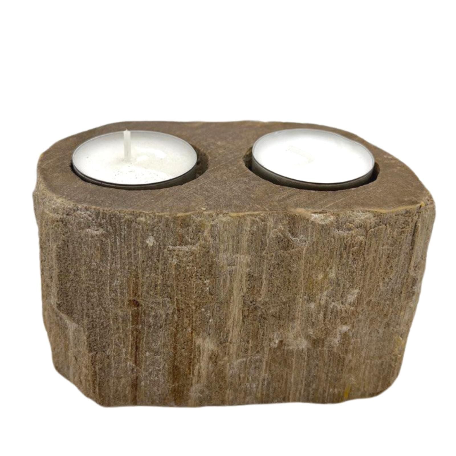 Alt Tag: Double Petrified Wood Candle Holder – Natural Stone with two tealight candles, raw petrified wood texture