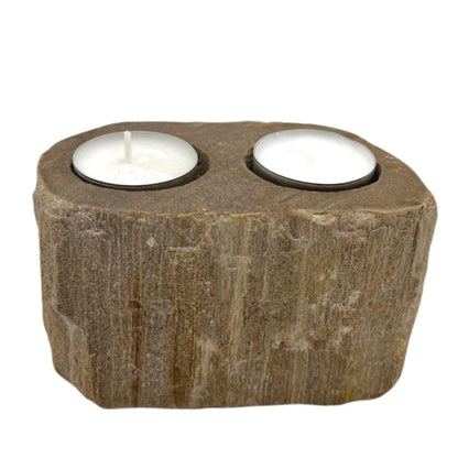 Alt Tag: Double Petrified Wood Candle Holder – Natural Stone with two tealight candles, raw petrified wood texture