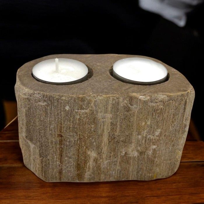 Double Petrified Wood Candle Holder – Natural Stone with two tea light candles, rustic fossil wood stone decor