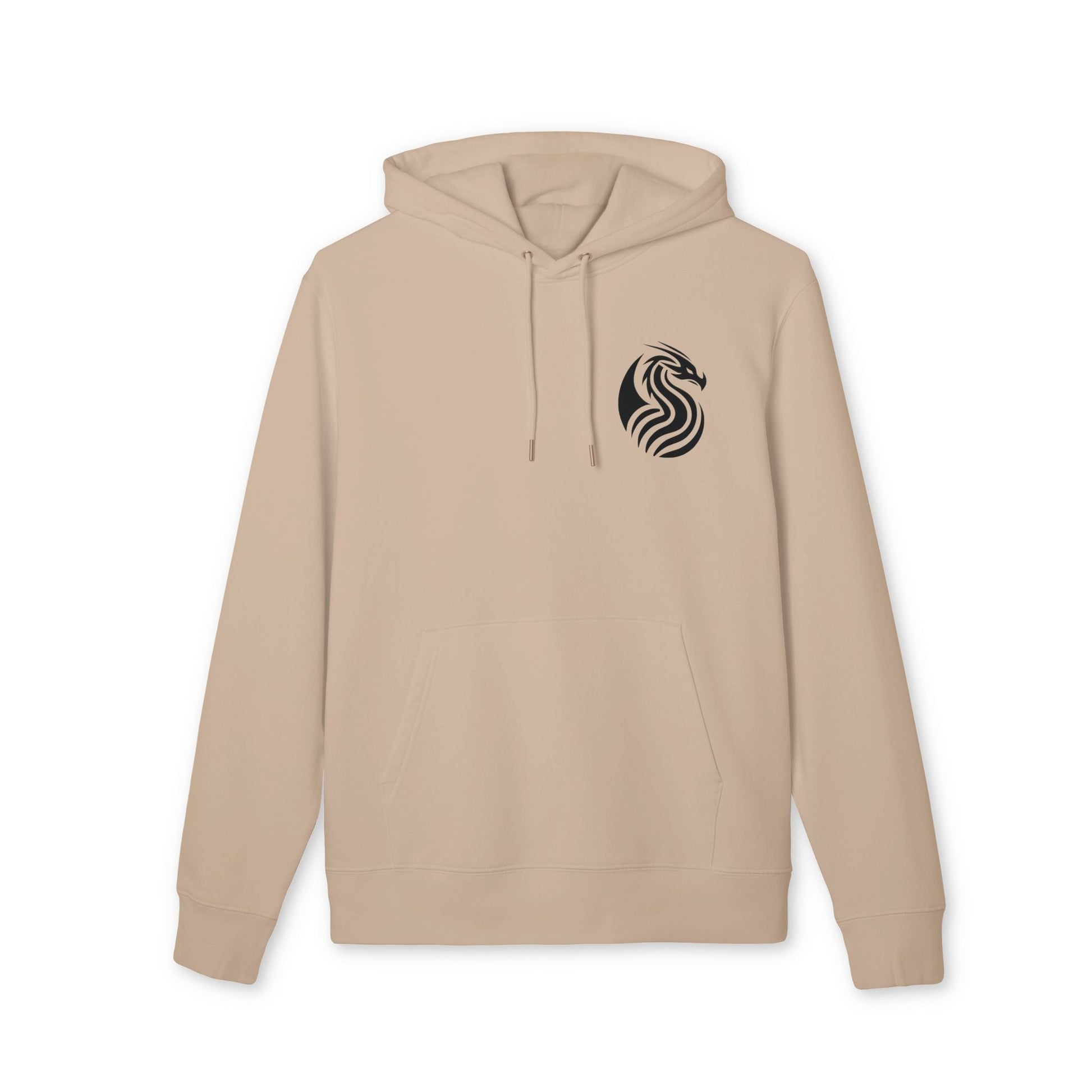 Alt Tag: Dragon Drix Sustainable Unisex Hoodie beige organic cotton pullover with hood and black dragon emblem on chest