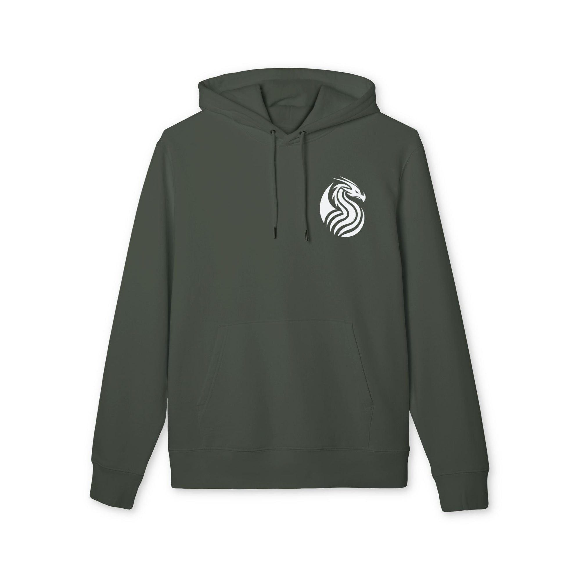 Dragon Drix Sustainable Unisex Hoodie en algodón orgánico verde oscuro con capucha y logo de dragón blanco en el pecho