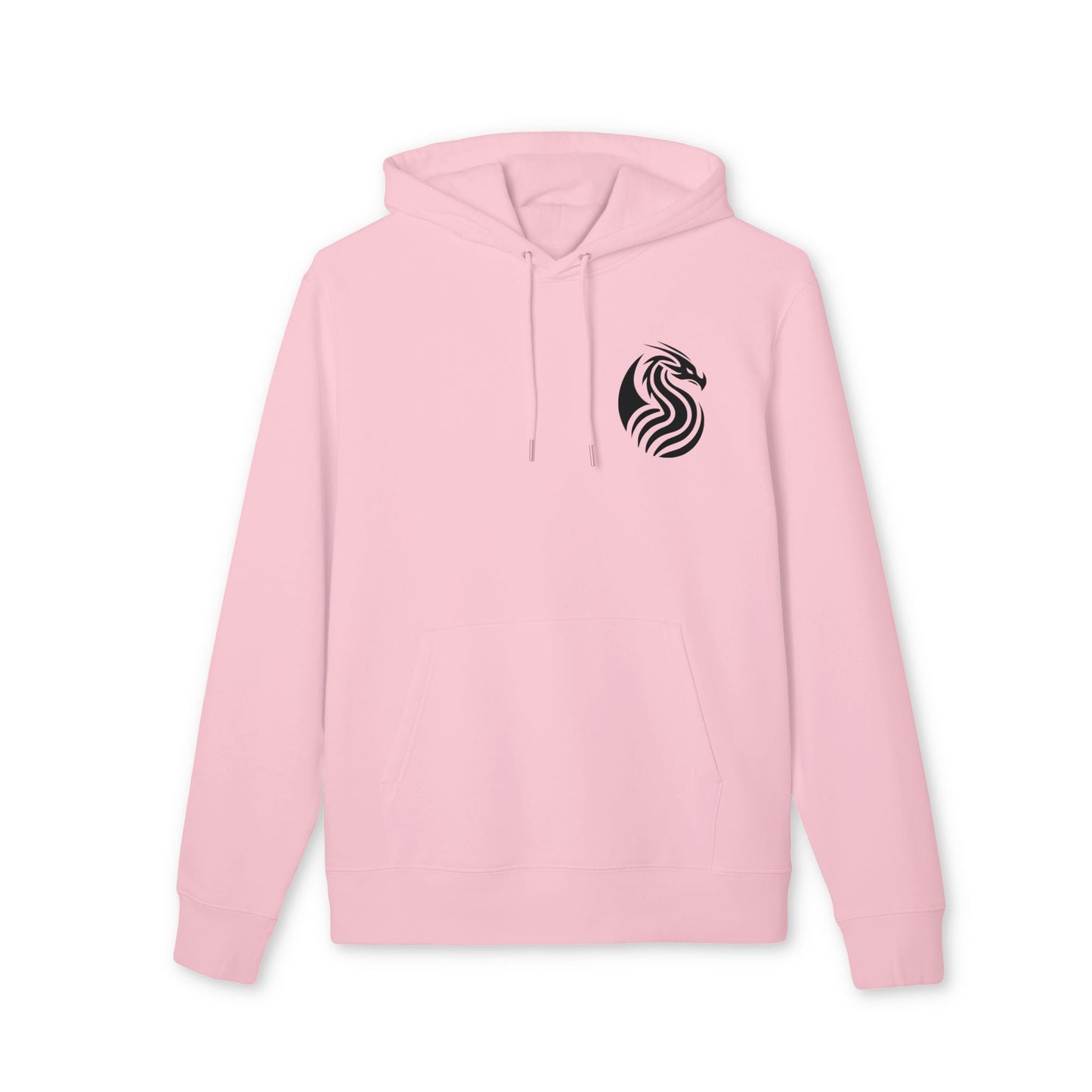 Alt Tag: Dragon Drix Sustainable Unisex Hoodie rosa de algodón orgánico con capucha y cordones, logo de dragón negro en el pecho