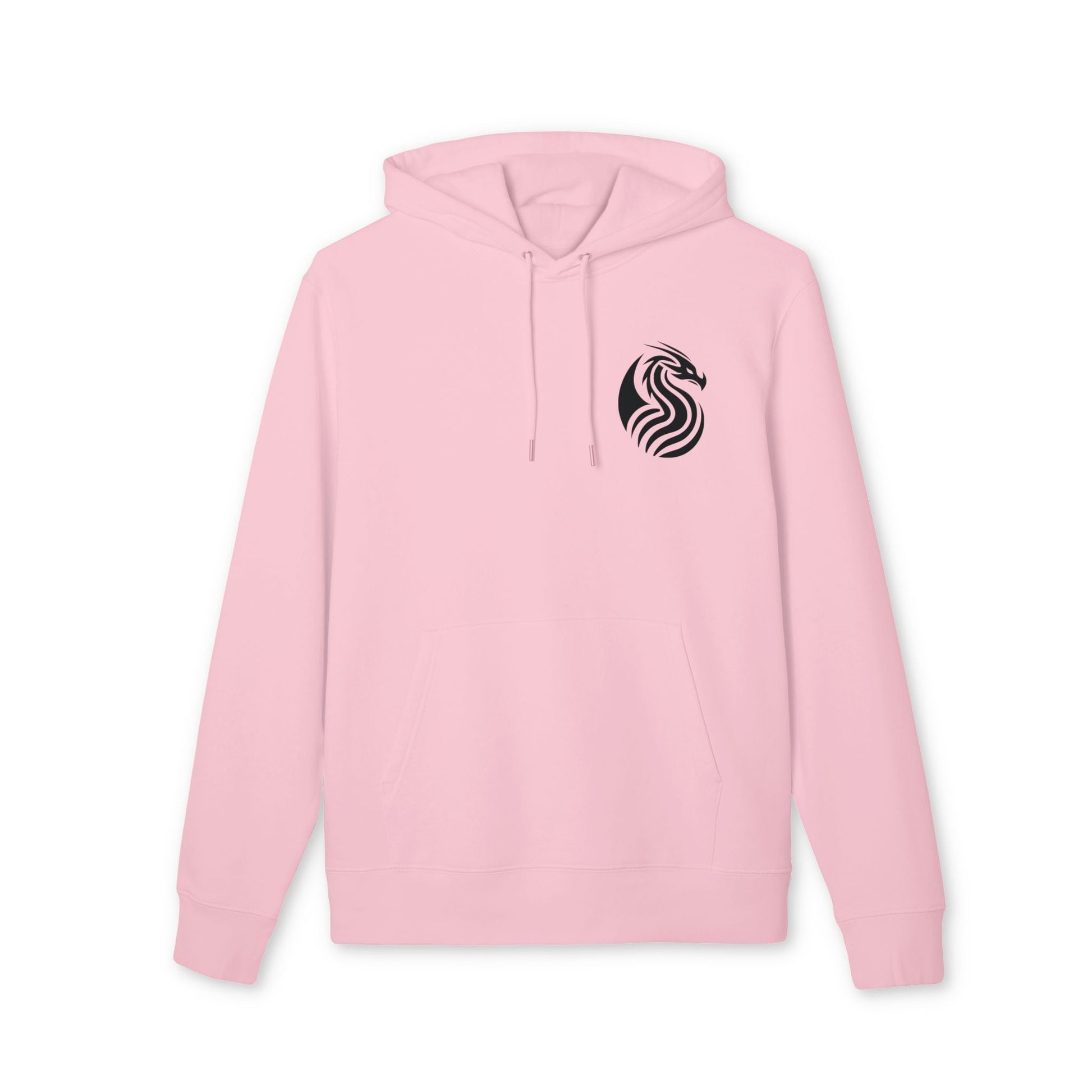 Alt Tag: Dragon Drix Sustainable Unisex Hoodie rosa de algodón orgánico con capucha y cordones, logo de dragón negro en el pecho
