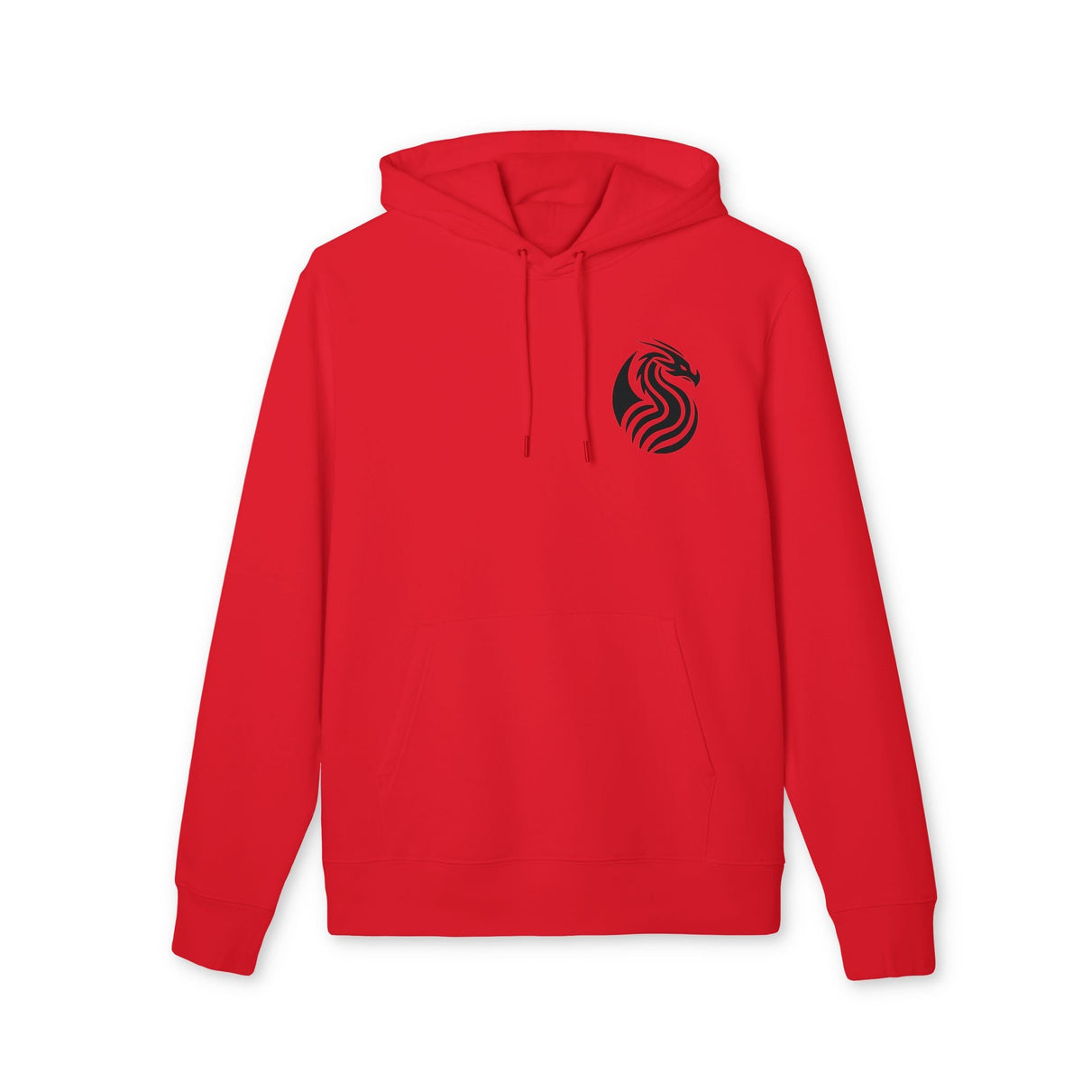 Alt Tag: Dragon Drix Sustainable Unisex Hoodie roja de algodón orgánico con capucha, cordones y logo de dragón en el pecho