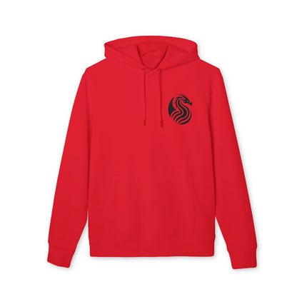 Alt Tag: Dragon Drix Sustainable Unisex Hoodie roja de algodón orgánico con capucha, cordones y logo de dragón en el pecho