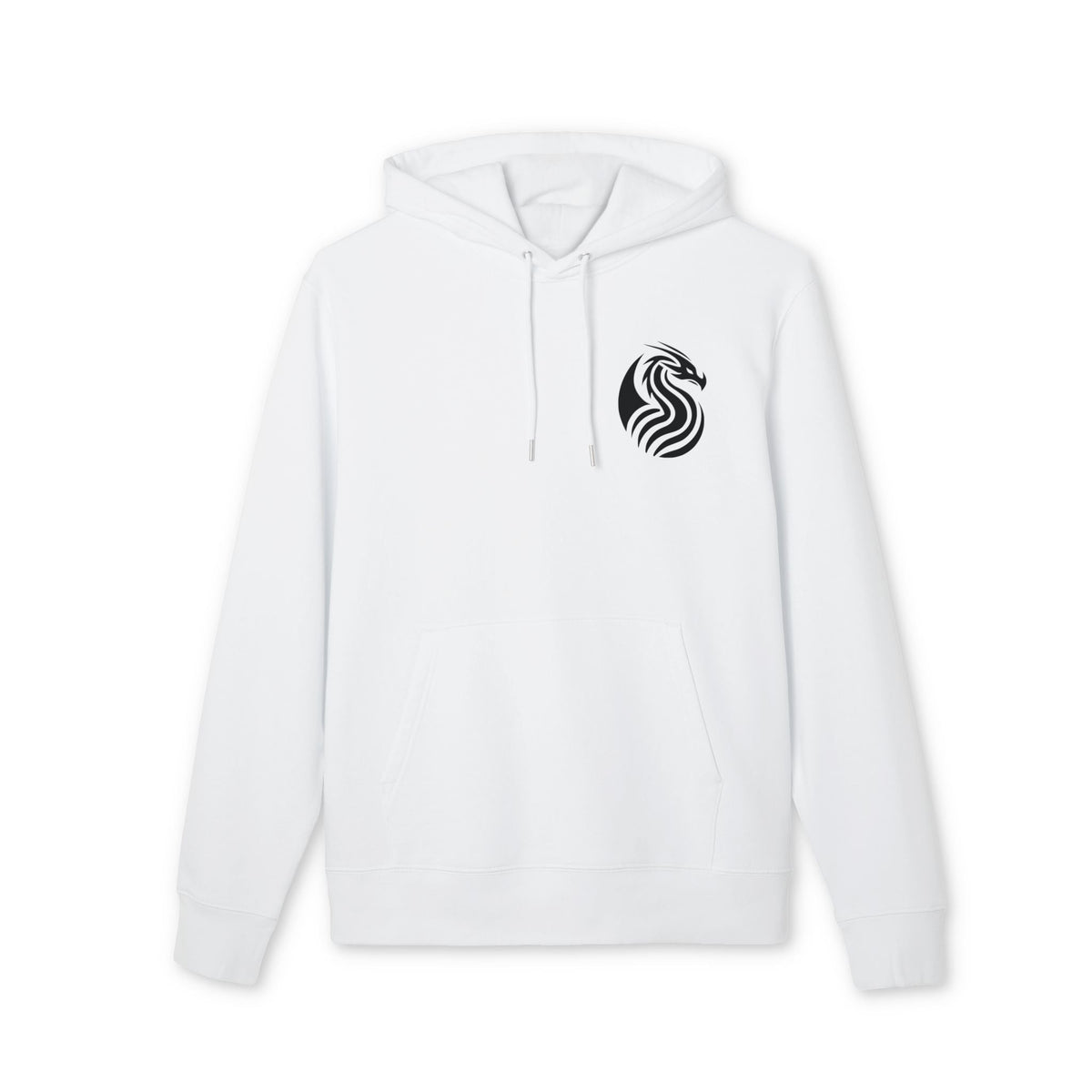 Alt Tag: Dragon Drix Sustainable Unisex Hoodie blanca de algodón orgánico con capucha y cordones, logo de dragón negro en el pecho