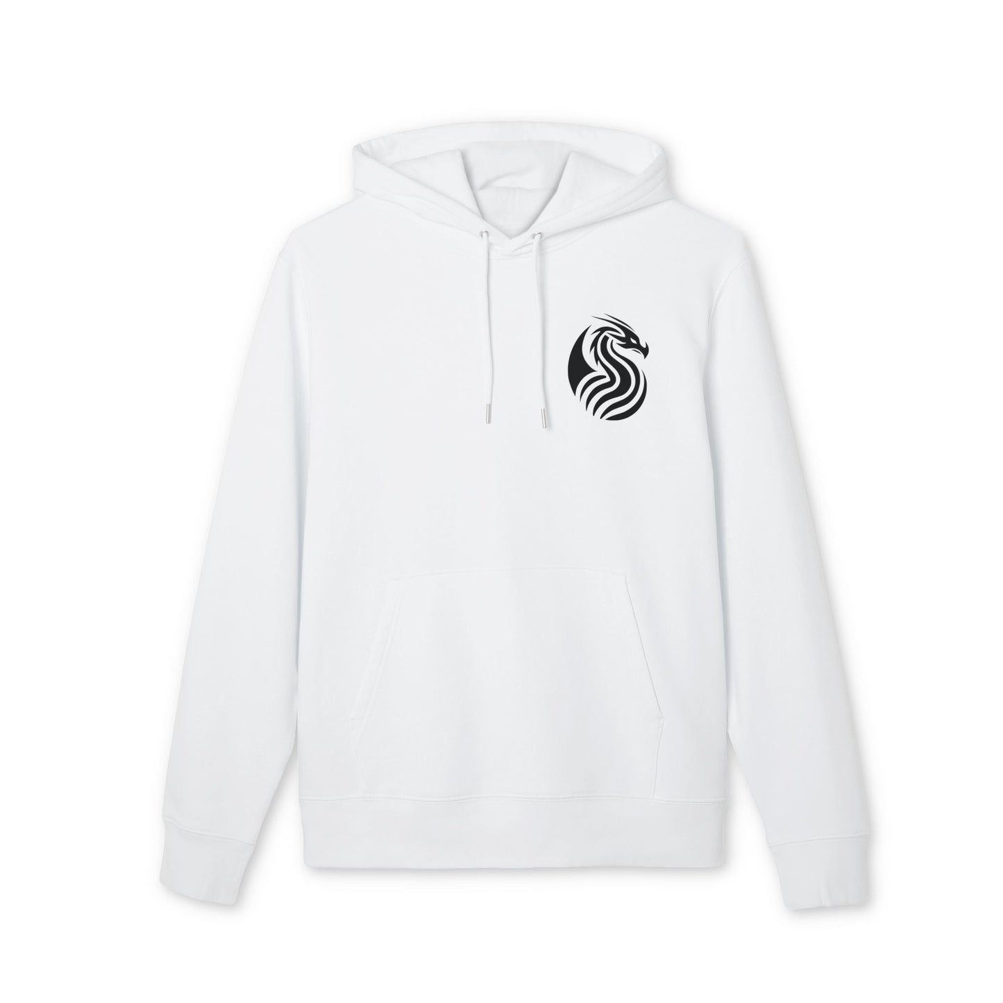 Alt Tag: Dragon Drix Sustainable Unisex Hoodie blanca de algodón orgánico con capucha y cordones, logo de dragón negro en el pecho